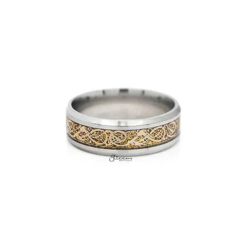 Stainless Steel Beveled Edge Band Ring with Gold Stripe Pattern
