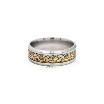 Stainless Steel Beveled Edge Band Ring with Gold Stripe Pattern