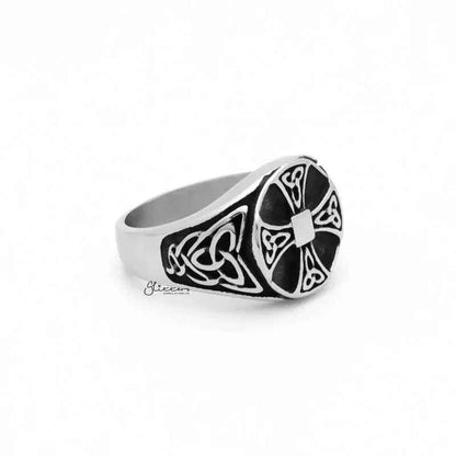 Celtic Cross Stainless Steel Ring with Celtic Knot Symbols