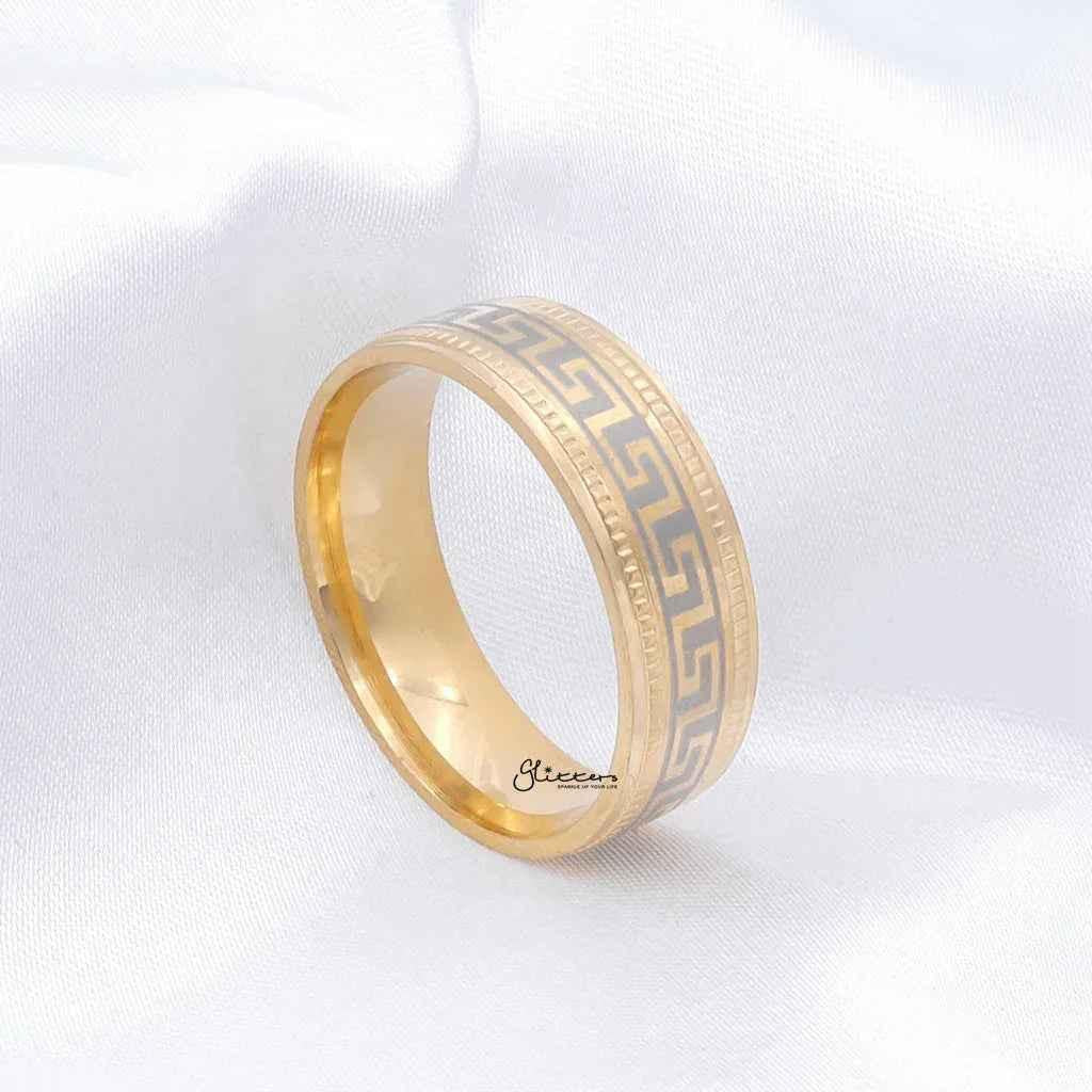 Stainless Steel Greek Key Pattern Band Ring - Gold