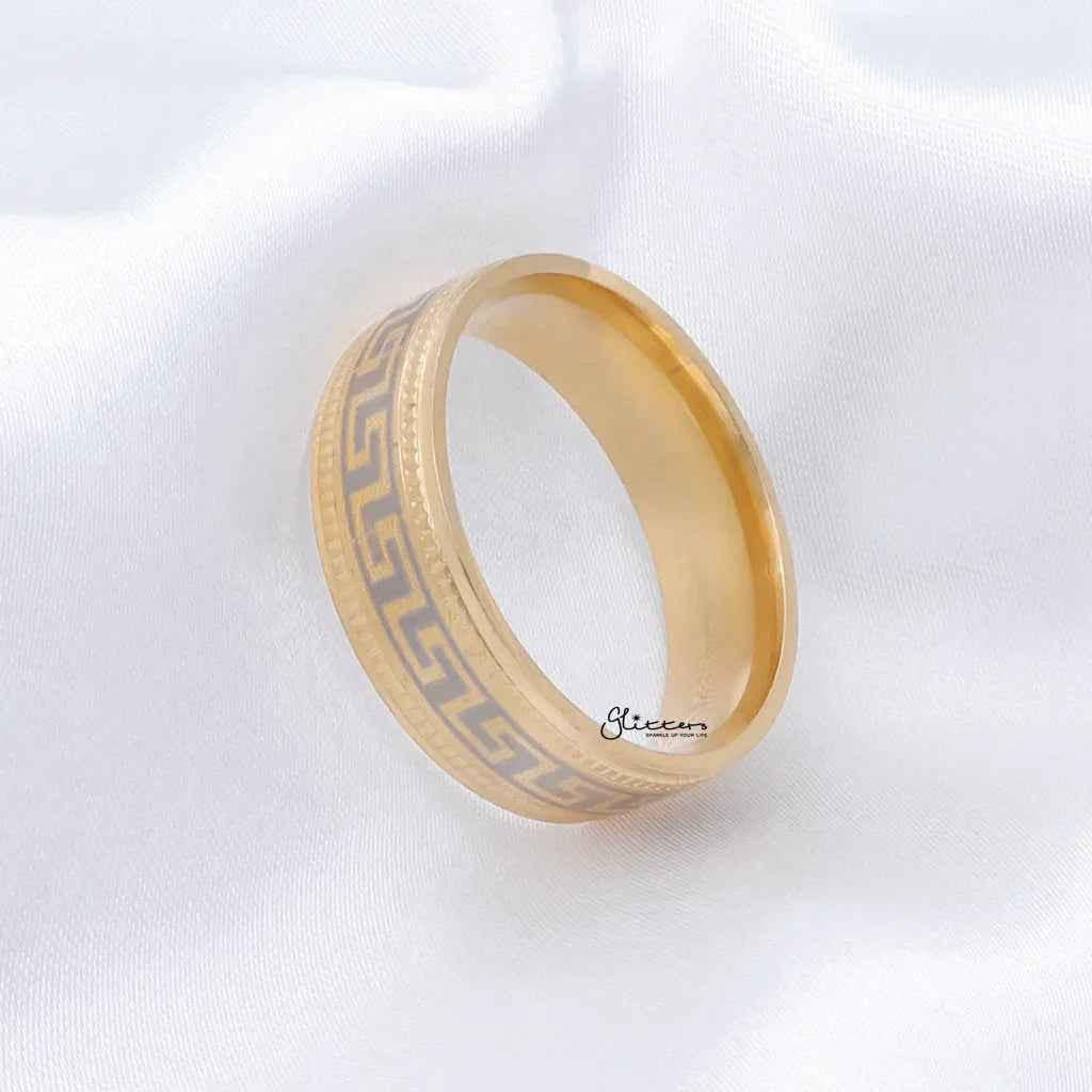 Stainless Steel Greek Key Pattern Band Ring - Gold