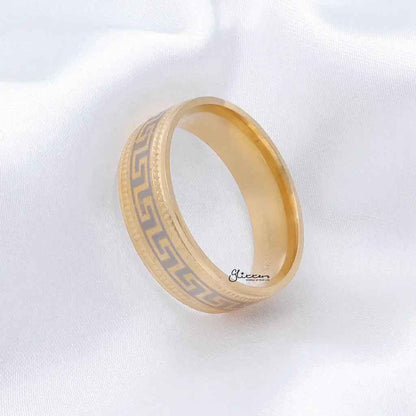 Stainless Steel Greek Key Pattern Band Ring - Gold