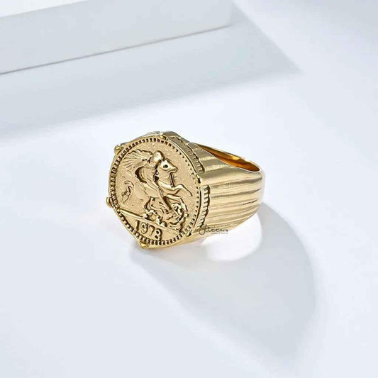 Stainless Steel Knight Coin Signet Ring - Gold