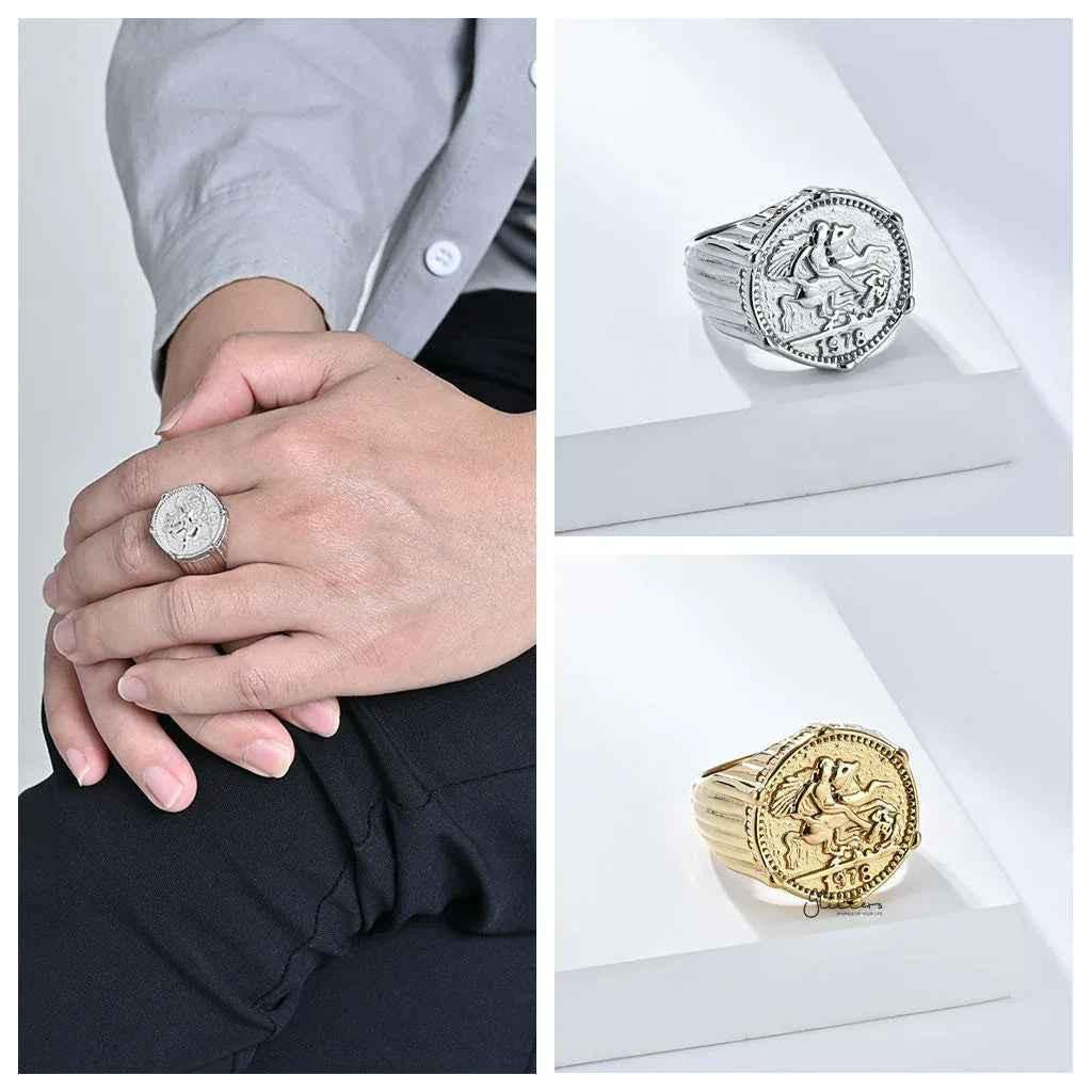Stainless Steel Knight Coin Signet Ring - Silver