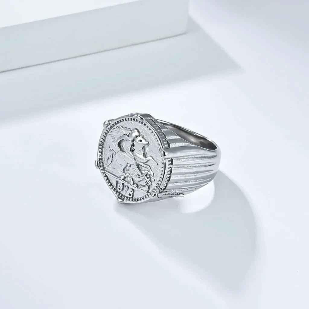 Stainless Steel Knight Coin Signet Ring - Silver