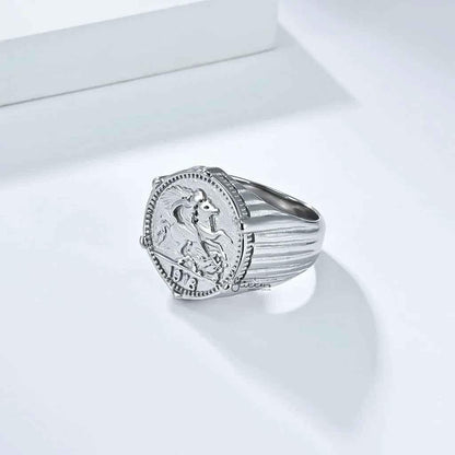 Stainless Steel Knight Coin Signet Ring - Silver