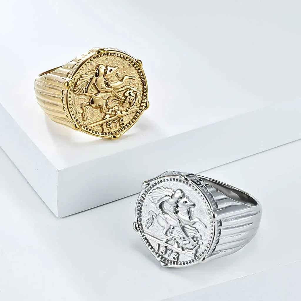 Stainless Steel Knight Coin Signet Ring - Gold