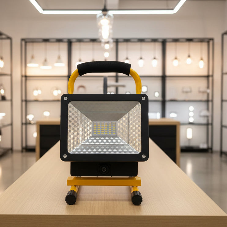 Rechargeable portable LED work light with stand, 30 LEDs, 50W, water-resistant, ideal for work sites by dealonline.co.nz.