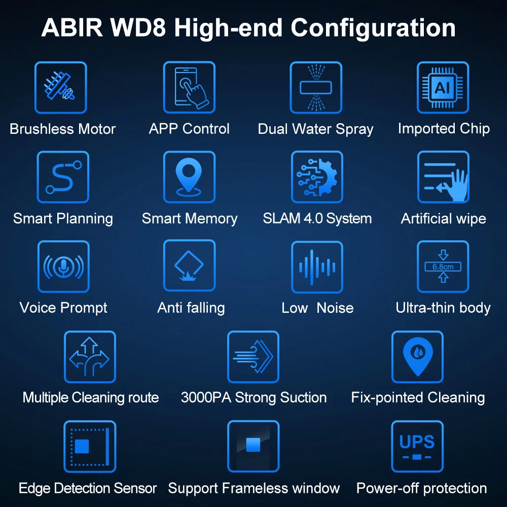 ABIR WD8 robot window cleaner from ShopHub NZ shown in action, cleaning glass surface with sleek design and compact build.