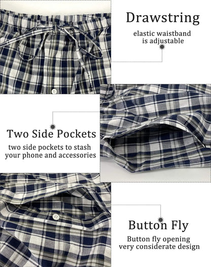 Men's Summer Pajama Pants - Comfortable 2 Pack Plaid Lounge Sleepwear with Pockets