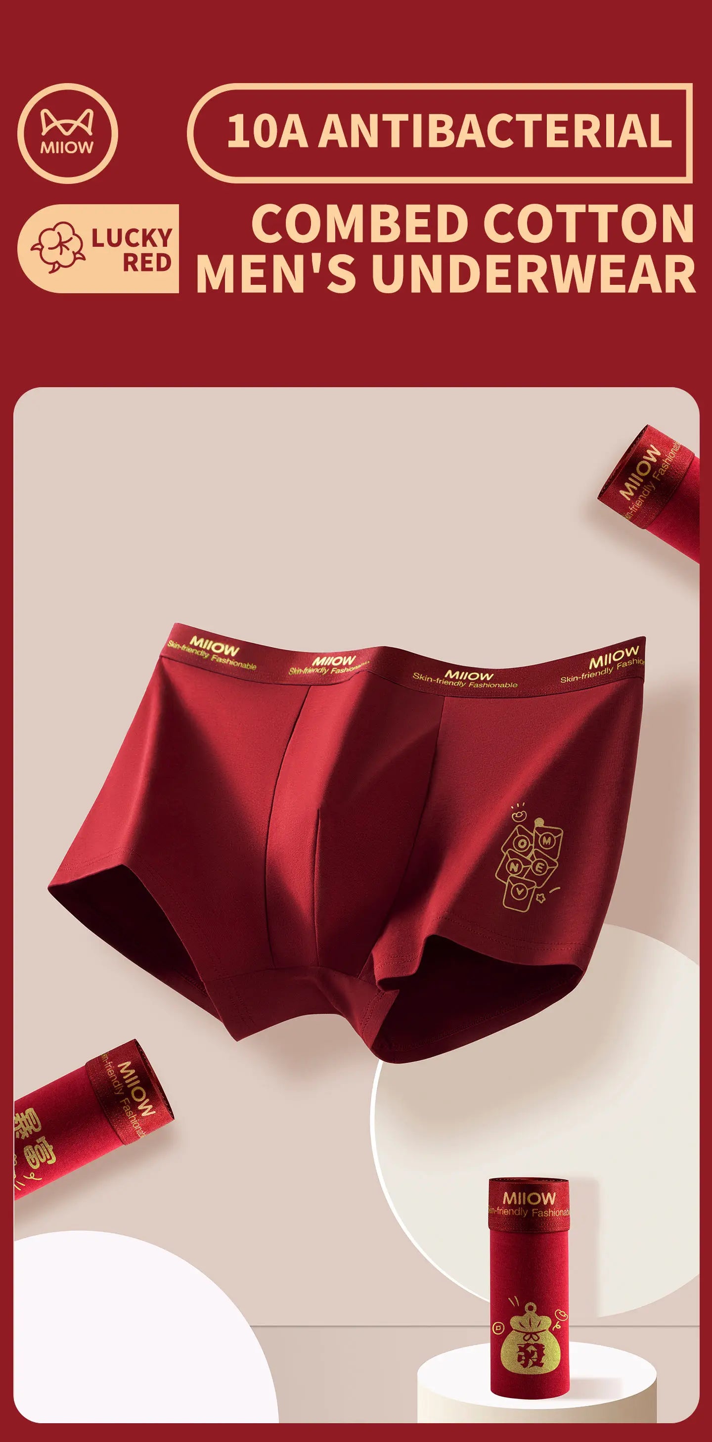 MiiOW 3Pcs Men's Antibacterial Cotton Boxers Lucky Red Breathable Underwear - ShopHub