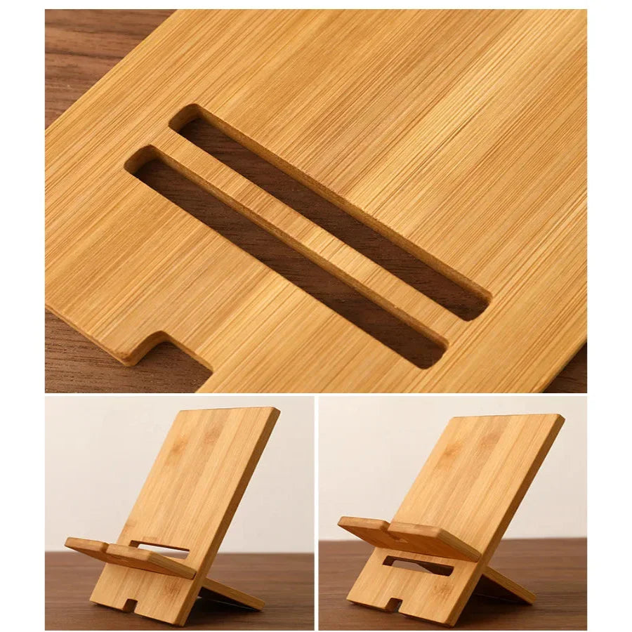 Habicare 9eight5 bamboo phone stand with sleek design, supporting smartphones for hands-free use.
