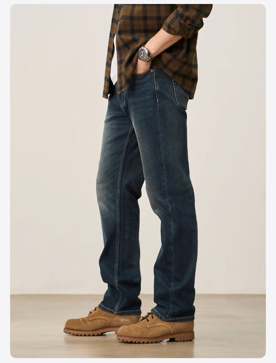 SIMWOOD 2026 Spring New 15oz Warm Micro Fleece Lining Jeans Men Loose Straight Plus Size Denim Trousers