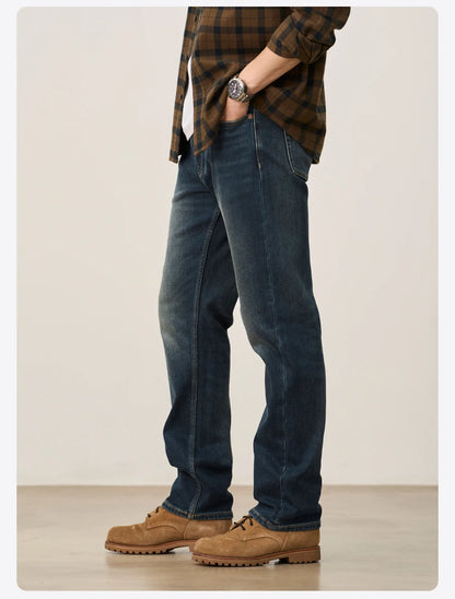 SIMWOOD 2026 Spring New 15oz Warm Micro Fleece Lining Jeans Men Loose Straight Plus Size Denim Trousers