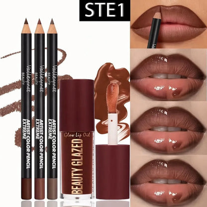Lip Kit Set-3pcs Lip Liner+1pc Lip Glaze, Waterproof