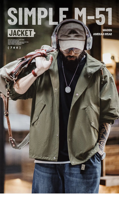 Maden Vintage Green M51 Hooded Jacket Loose Fishtail Short Overcoat Men's Versatile Outwear with Pockets Hidden Button Placket