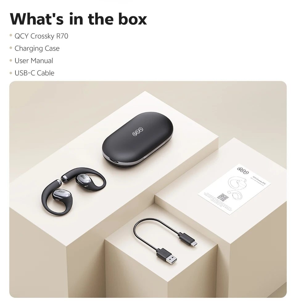 QCY Crossky R70 Wireless Headphones - Hi-Res Open-Ear Bluetooth 6.0 Earhooks with Bass Boost - ShopHub