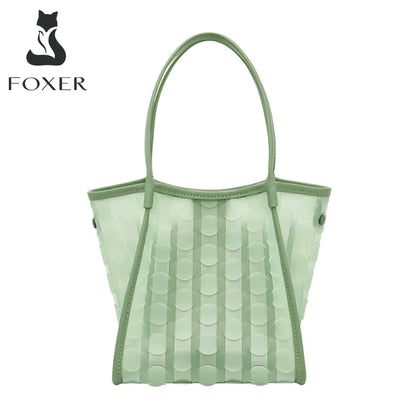 FOXER Light Green Women's Tote Bag, Fashion Waterproof TPU Handbag for Summer Travel & Commute, Lightweight Lady's Shoulder Bag