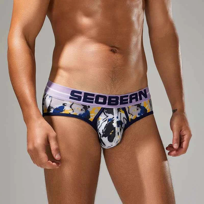 SEOBEAN Men's Printed Briefs Comfortable Breathable Underwear with U Convex Pouch Stylish Triangle Design