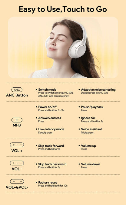 QCY H3 Wireless Headphones with Hybrid Active Noise Cancellation and 60Hrs Playtime, Hi-Res Audio, Bluetooth 5.4 Over Ear Design - ShopHub