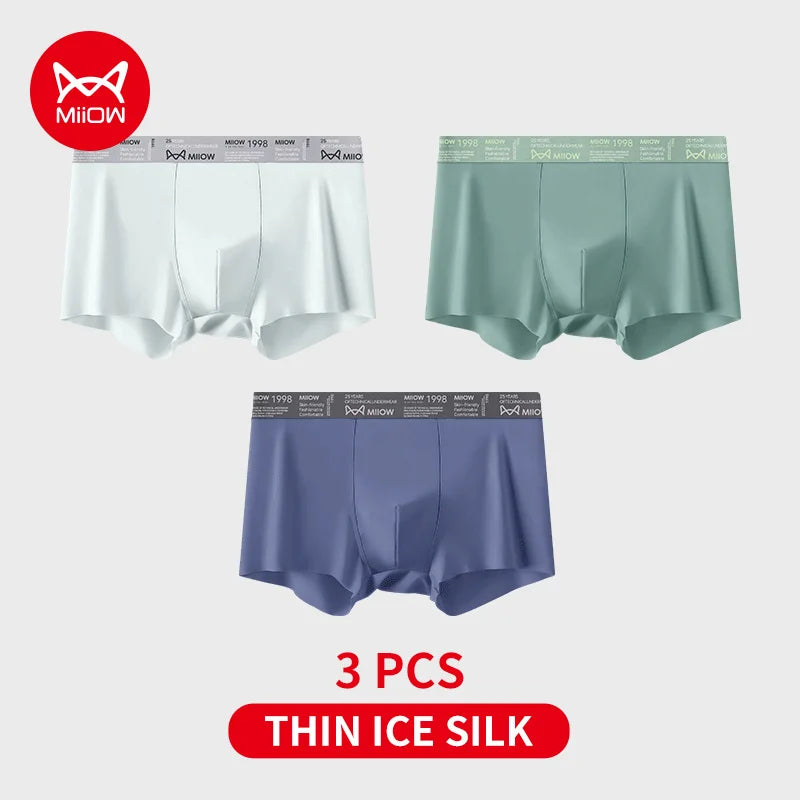 MiiOW Ice Silk Men Underwear - 3Pcs Ultra-thin Breathable Antibacterial Boxer Shorts - ShopHub