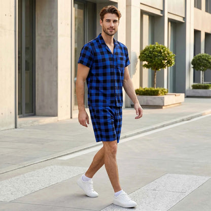 Mens Pajama Sets Short Sleeve Plaid Pajamas for Men Pjs Set Lounge Sleepwear Pj Pants with Pockets Drawstring Summer Pajama