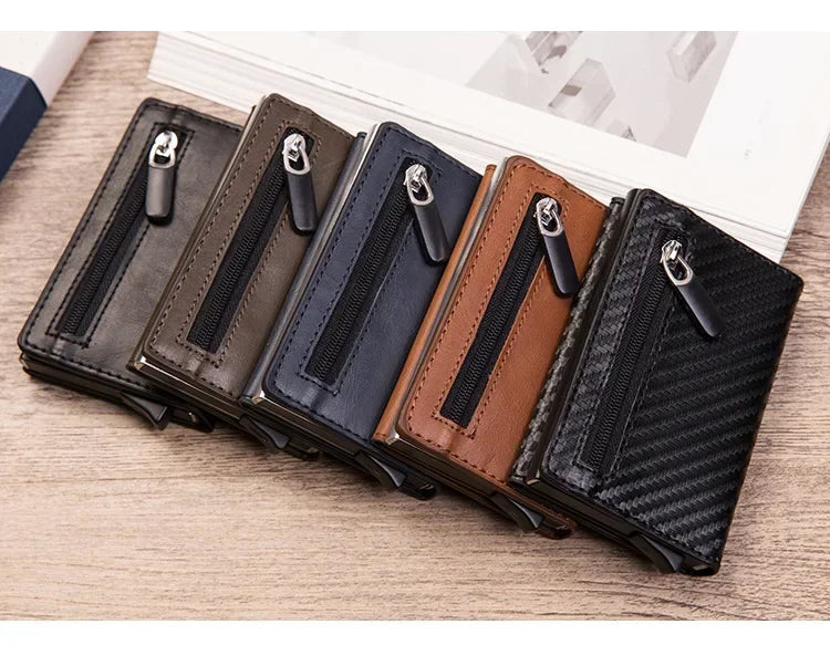 DIENQI Anti Rfid ID Card Holder Case Men Leather Metal Wallet Male Coin Purse Women Mini Carbon Credit Card Holder With Zipper