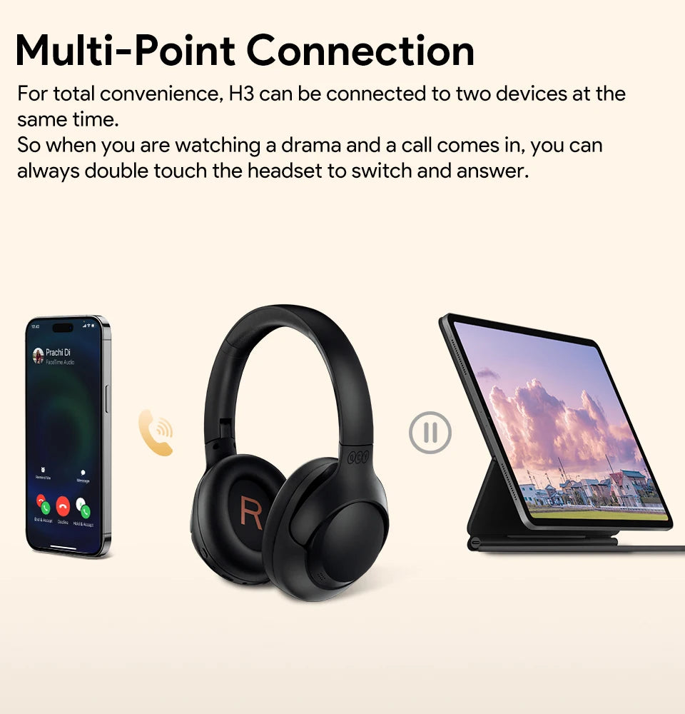 QCY H3 Wireless Headphones with Hybrid Active Noise Cancellation and 60Hrs Playtime, Hi-Res Audio, Bluetooth 5.4 Over Ear Design - ShopHub