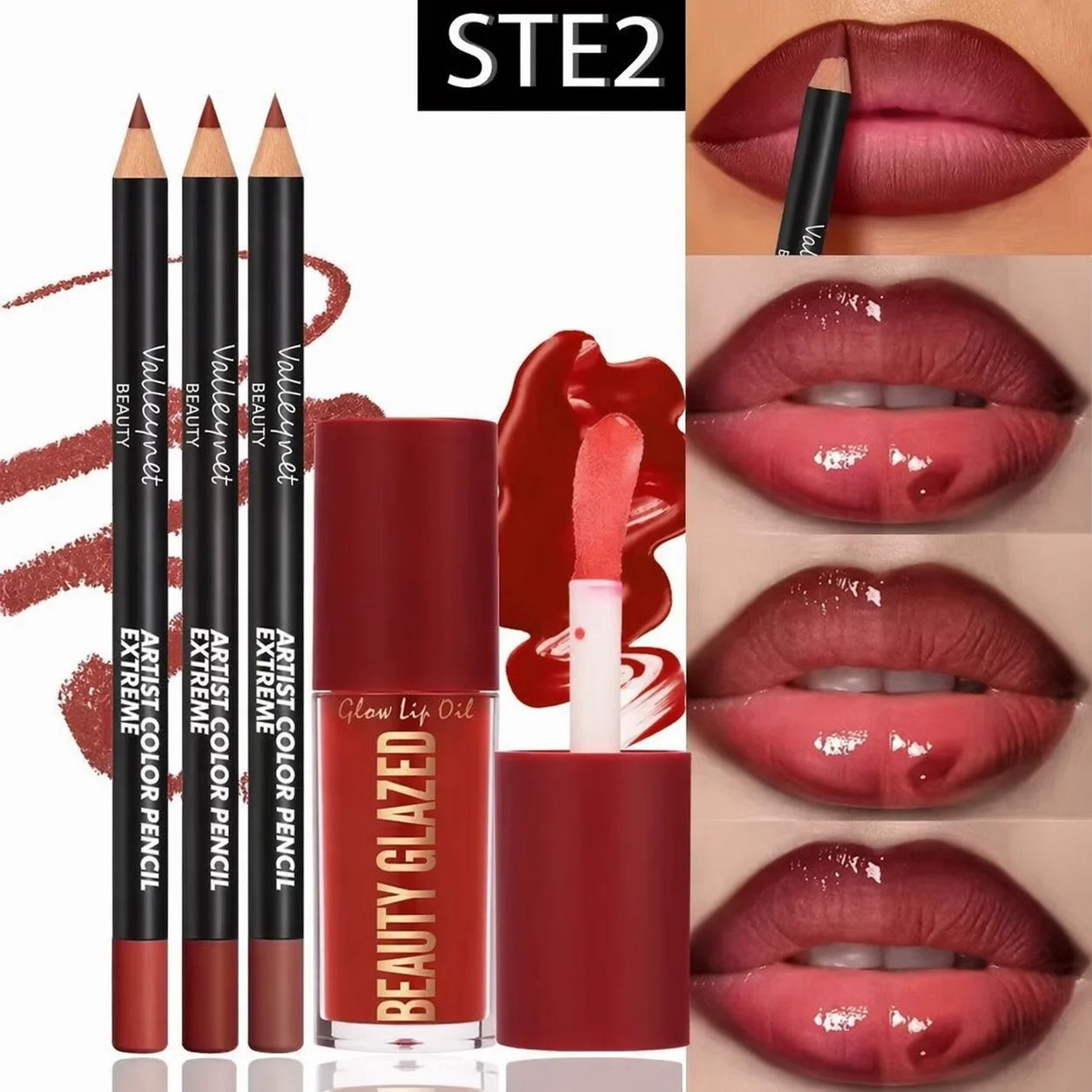 ShopHub NZ waterproof 3-piece lip liner and 1-piece lip glaze makeup set, featuring matching lip liners and glossy lip glaze.