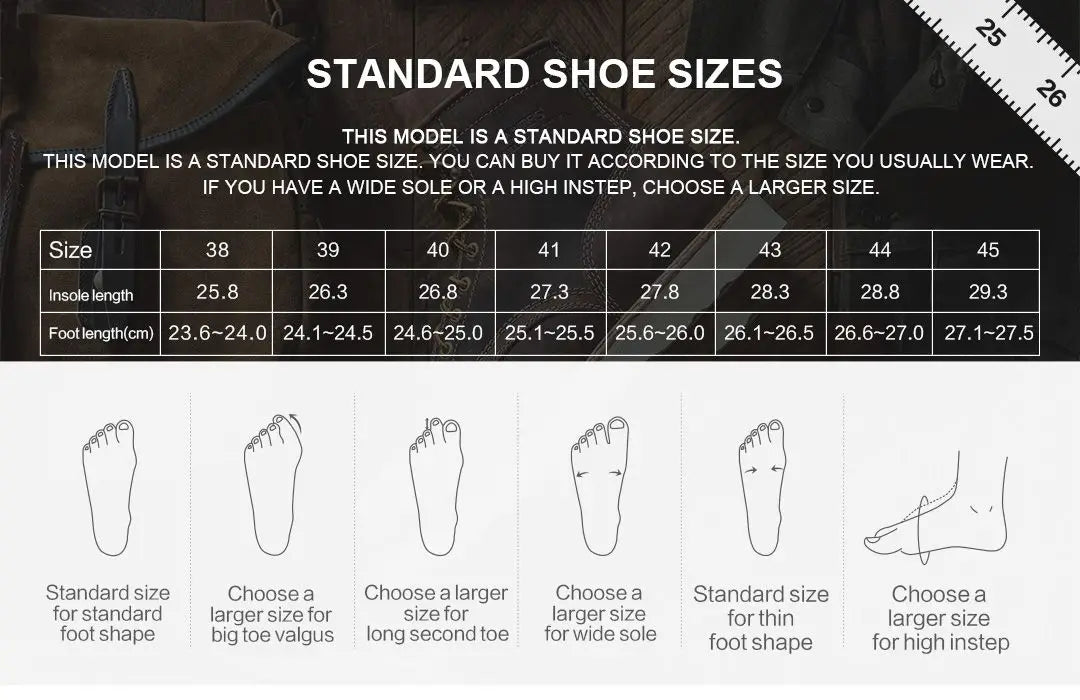 Standard shoe size chart with foot measurements and illustrations on a dark background