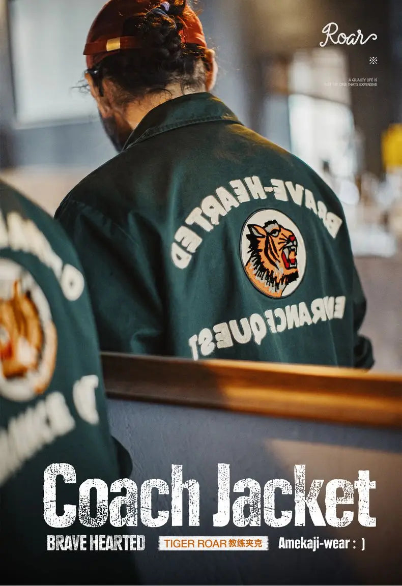 Maden Men's Vintage Tiger Embroidery Jacket Heavyweight Cotton Zip-Up with Lapel Collar Green Casual Overcoat for Spring Fall