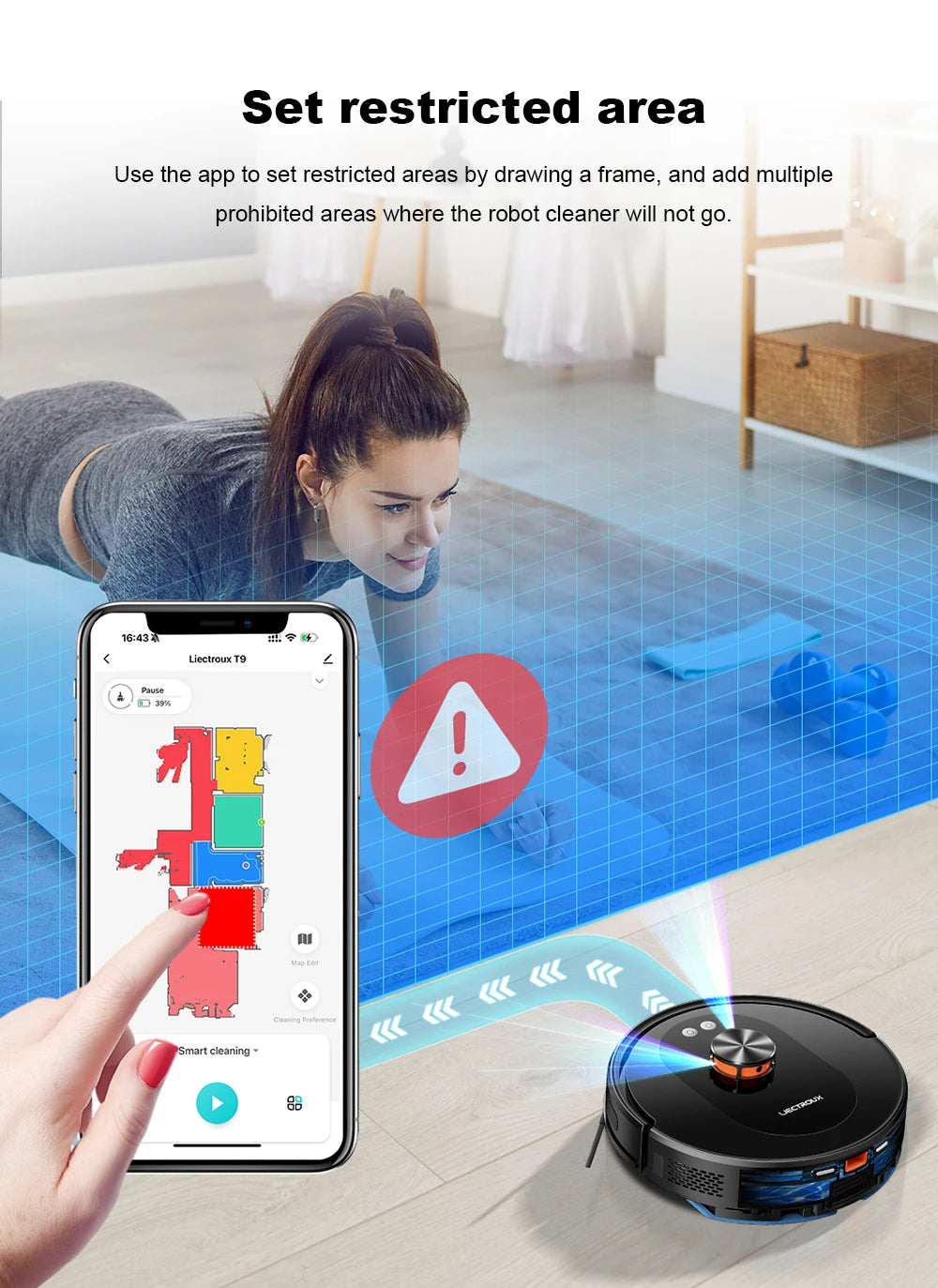 Liectroux T9 robot vacuum cleaner from ShopHub NZ, sleek design with dustbin and control buttons visible.