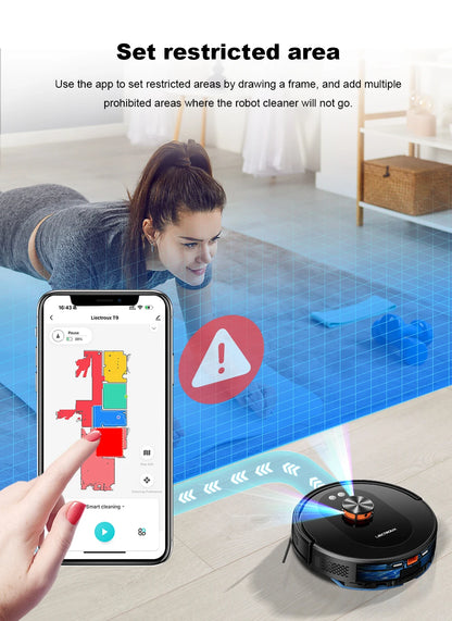 Liectroux T9 robot vacuum cleaner from ShopHub NZ, sleek design with dustbin and control buttons visible.