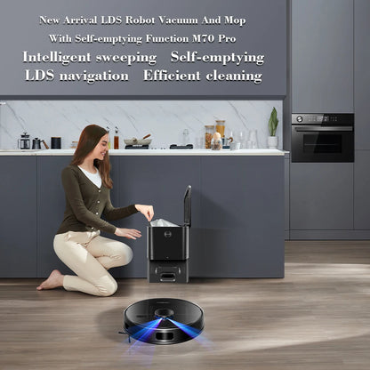 Liectroux M70 Pro robot vacuum cleaner and mop, sleek black design with sensors and brushes, designed for home cleaning.