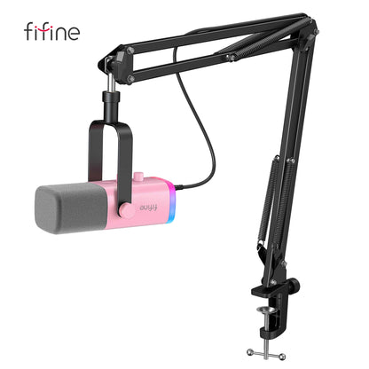 FIFINE Gaming USB/XLR Dynamic Microphone Kit with Gain Knob/RGB/Monitor,Boom Arm Mic Set for PC PS5/4 Mixer-AmpliGame Pink AM8TP