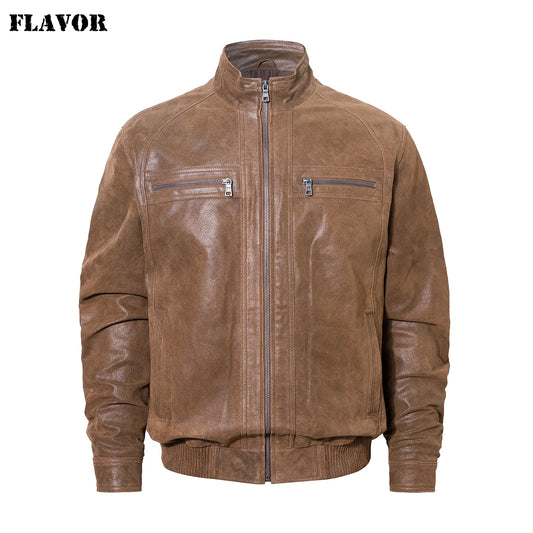 FLAVOR Men's Classic Brown Pigskin Leather Jacket