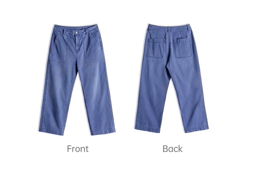 Maden Men‘s Vintage Washed Denim Jeans Blue Cotton Canvas Workwear Zipper Pants Loose Fit Casual Trousers for Spring and Autum