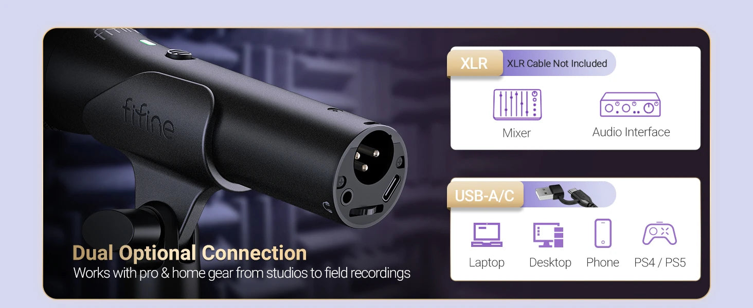 A black fmine audio interface microphone shown on a dark promotional graphic with text reading 'Dual Optional Connection' and icons noting XLR cable not included plus USB-A/C connections to mixer, audio interface, laptop, desktop, phone, and PS4/PS5.