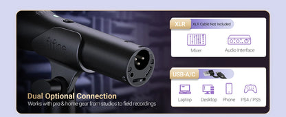 A black fmine audio interface microphone shown on a dark promotional graphic with text reading 'Dual Optional Connection' and icons noting XLR cable not included plus USB-A/C connections to mixer, audio interface, laptop, desktop, phone, and PS4/PS5.