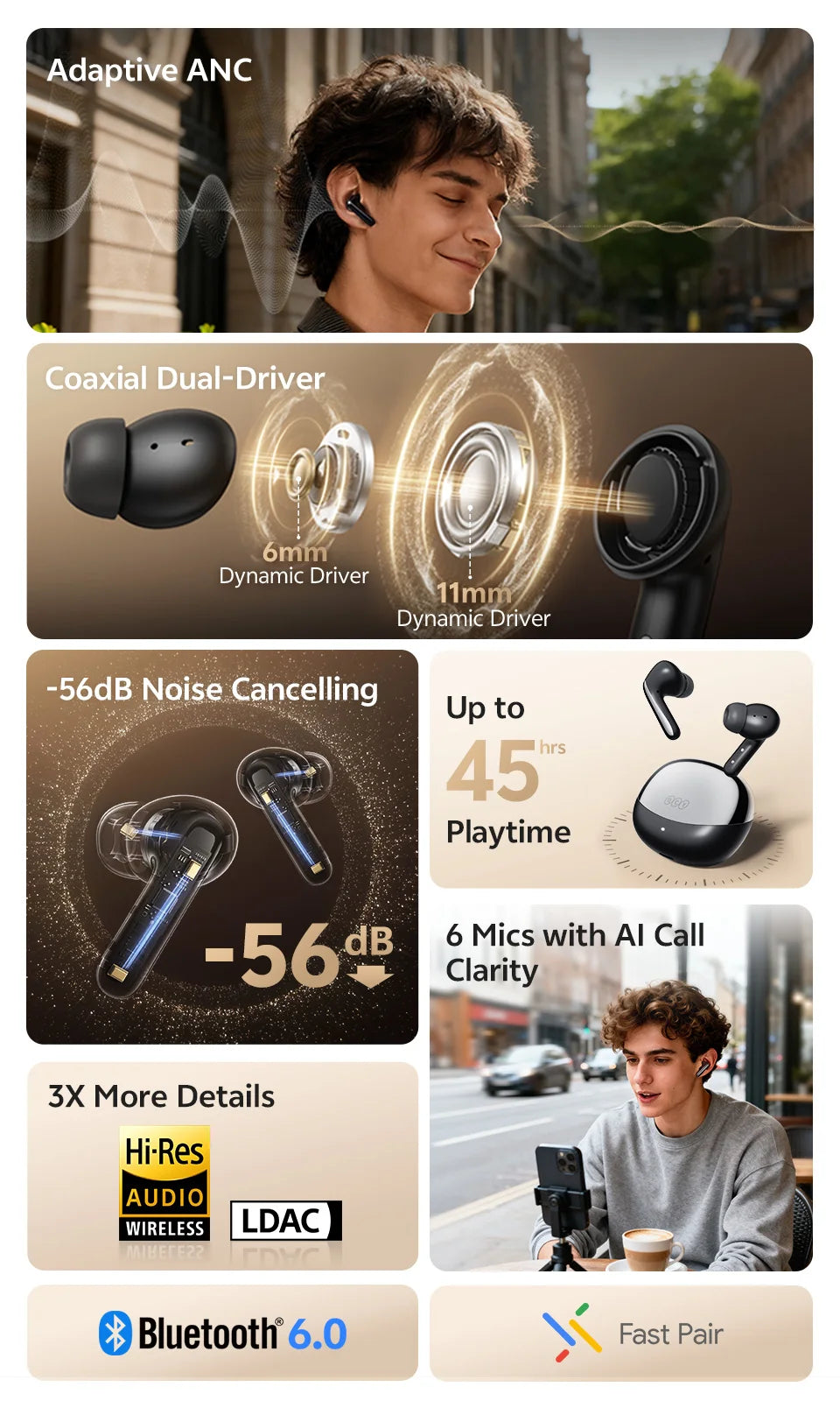 QCY MeloBuds N60 Wireless Earphone - Bluetooth 6.0, Bass Boost, Hi-Res Audio, Hybrid ANC, 45Hrs Playback - ShopHub