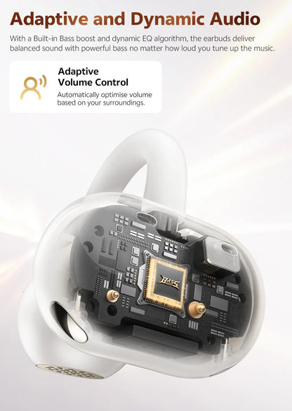 QCY CT06 Open Ear Wireless Earbuds with 4-Mic Calls and Bass Boost - Bluetooth 6.0 Clip-On Sports Headphones with 35 Hours Playtime - ShopHub