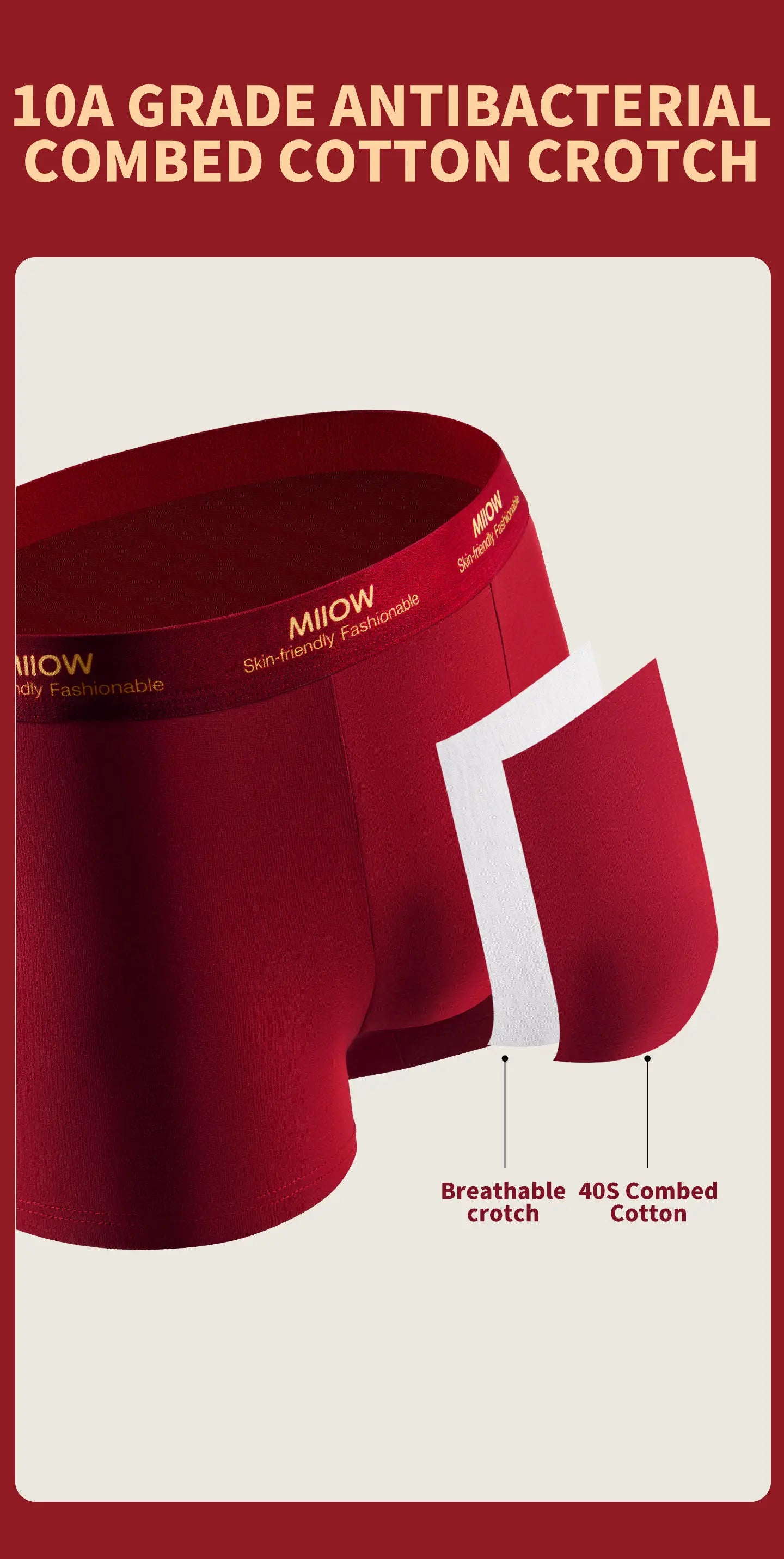 MiiOW 3Pcs Men's Antibacterial Cotton Boxers Lucky Red Breathable Underwear - ShopHub