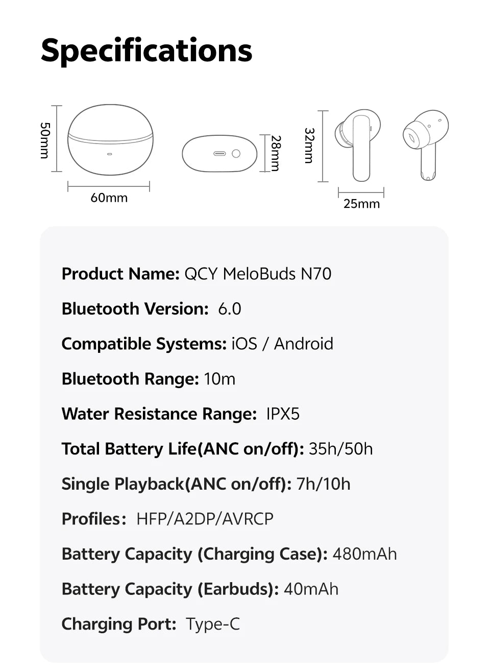 QCY MeloBuds N70 Wireless Earphones with Hybrid Adaptive ANC, Hi-Res Sound, and 50Hrs Battery Life - ShopHub