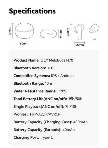 QCY MeloBuds N70 Wireless Earphones with Hybrid Adaptive ANC, Hi-Res Sound, and 50Hrs Battery Life - ShopHub