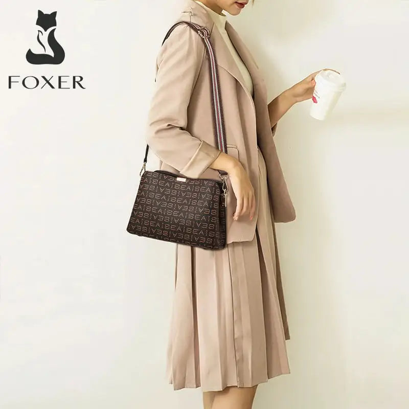 FOXER Genuine Leather Women's Shoulder Bag 2026 Casual Lager Tote Bag PVC Female Crossbody Purse