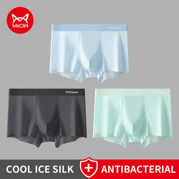Men's MiiOW ice silk boxer briefs, antibacterial breathable underwear, 3-pack, shown in a close-up shot highlighting fabric and fit.