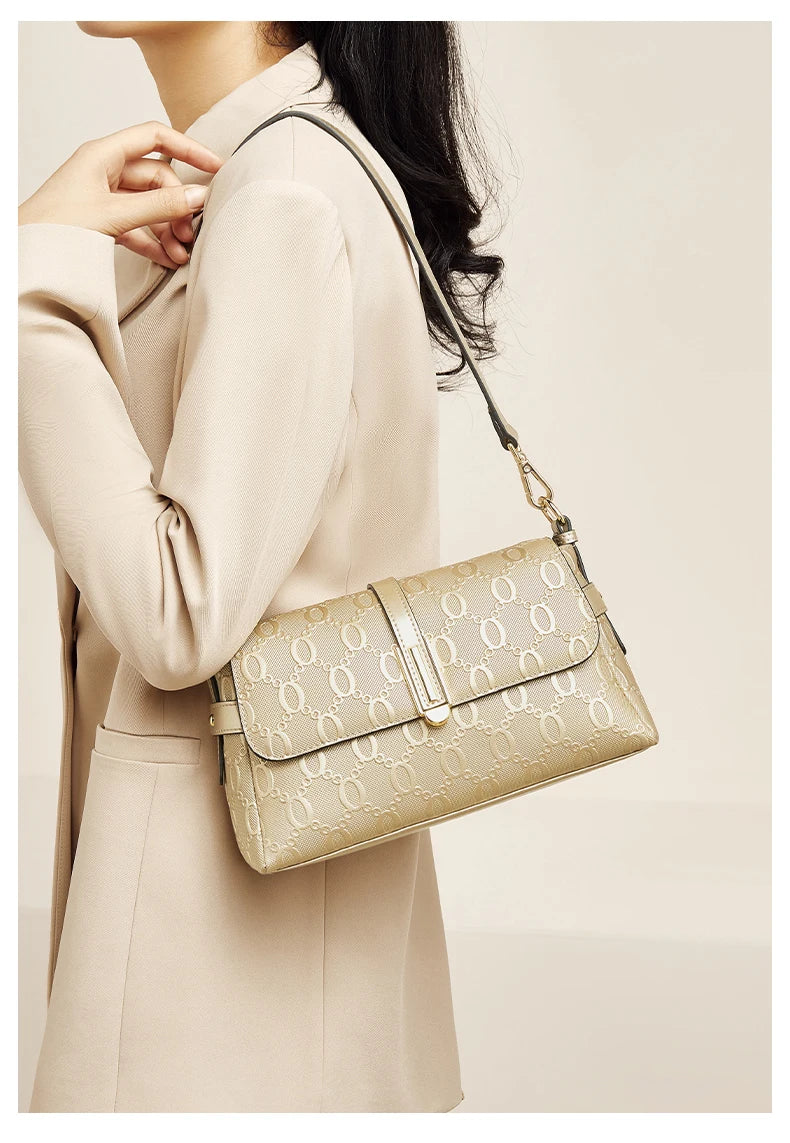 FOXER Split Leather Women's Shoulder Bag Luxury Female Crossbody Bag Fashion Monogram Gold Embossing Bag for Commute & Travel