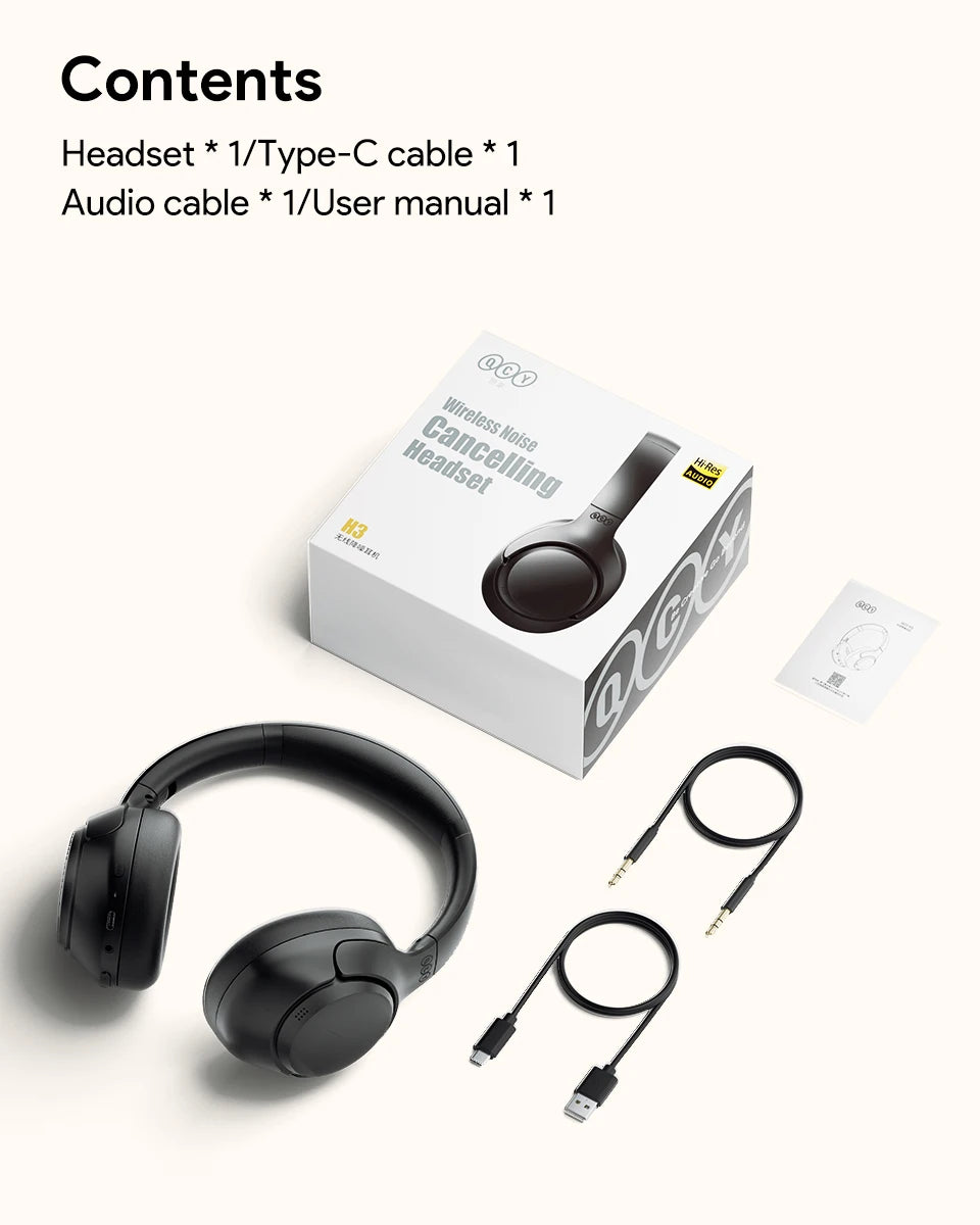 QCY H3 Wireless Headphones with Hybrid Active Noise Cancellation and 60Hrs Playtime, Hi-Res Audio, Bluetooth 5.4 Over Ear Design - ShopHub