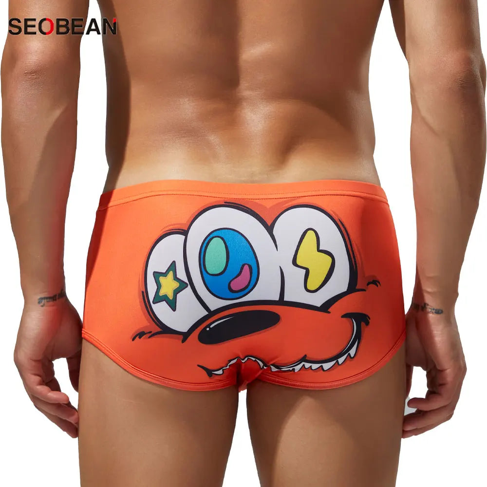 SEOBEAN Men's Low Waist Ice Silk Underwear Sexy Cartoon Pattern Half Hollow Flat Corner Briefs Youth Four Corners