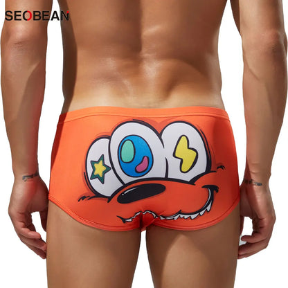 SEOBEAN Men's Low Waist Ice Silk Underwear Sexy Cartoon Pattern Half Hollow Flat Corner Briefs Youth Four Corners